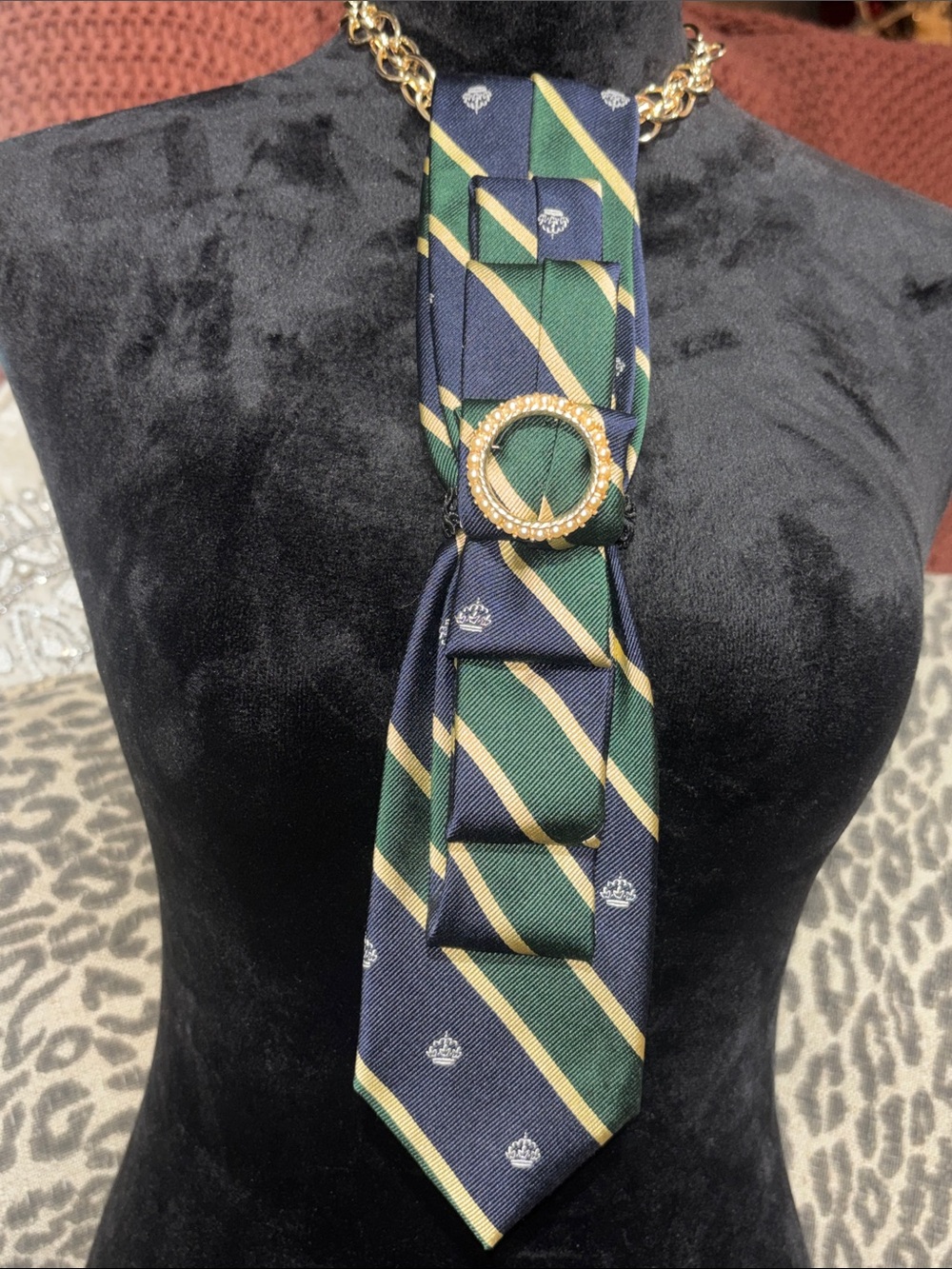 Woman’s necktie business casual preppy Navy & Green Striped feminine tie